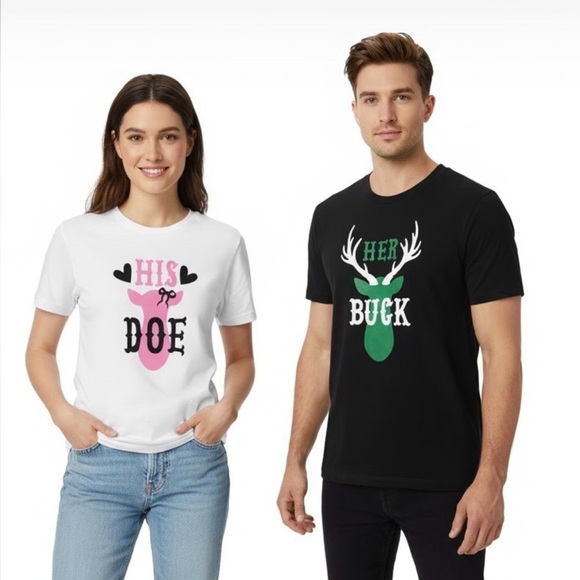 Bella Canvas Tops - His and Her Buck and Doe Graphic Tees in White and Black Short Sleeve
